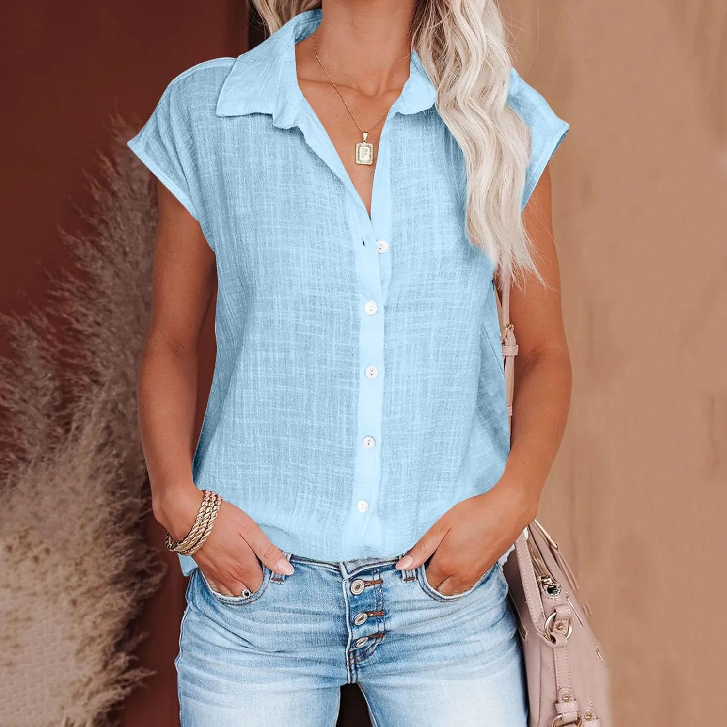 Summer Tops for Women 2024 Trendy Cotton Linen Button Down Shirts Dressy Cap Sleeve Collared Business Casual Blouses