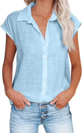 Summer Tops for Women 2024 Trendy Cotton Linen Button Down Shirts Dressy Cap Sleeve Collared Business Casual Blouses