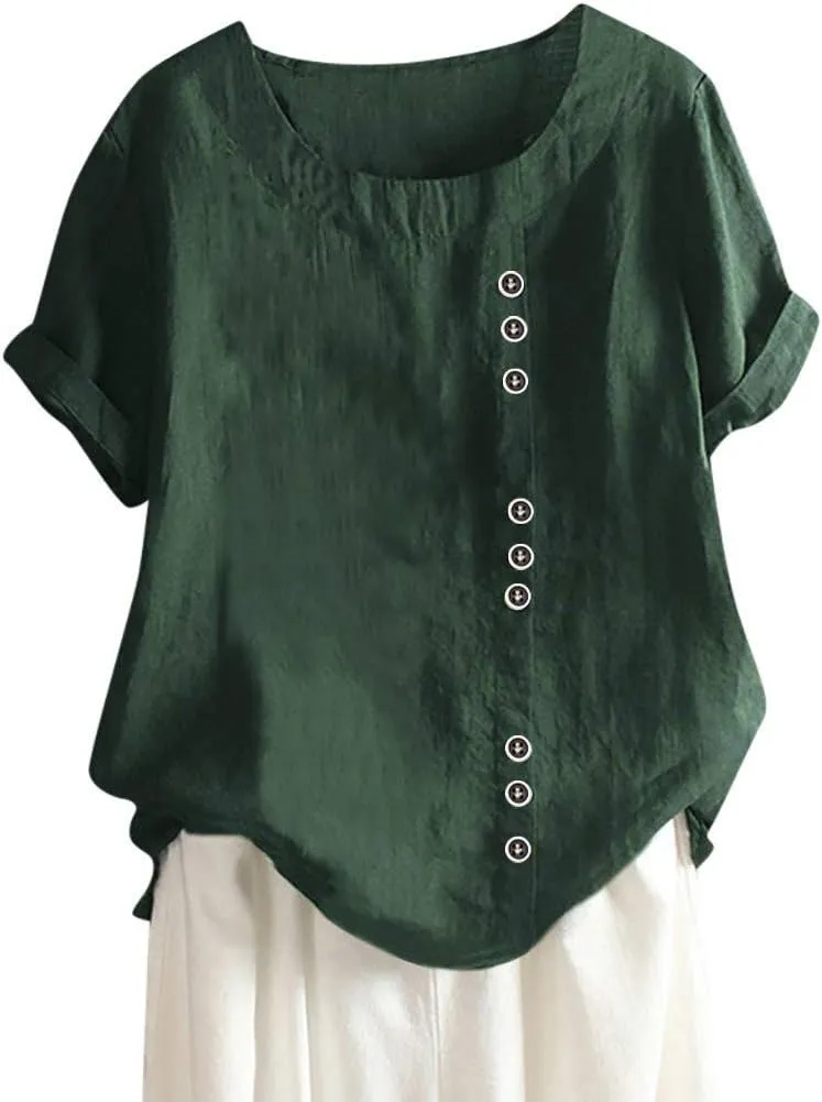 Summer Tops for Women 2025 Cotton Linen Casual Half Sleeve T Shirt Crewneck Oversized Tops Beach Vacation Blouse