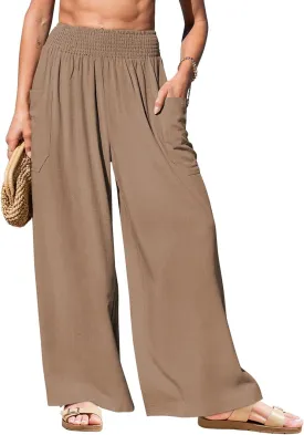 TARSE Women Linen Palazzo Pants Wide Leg Summer Boho High Waist Casual Lounge Pant Beach Travel Vacation Outfits