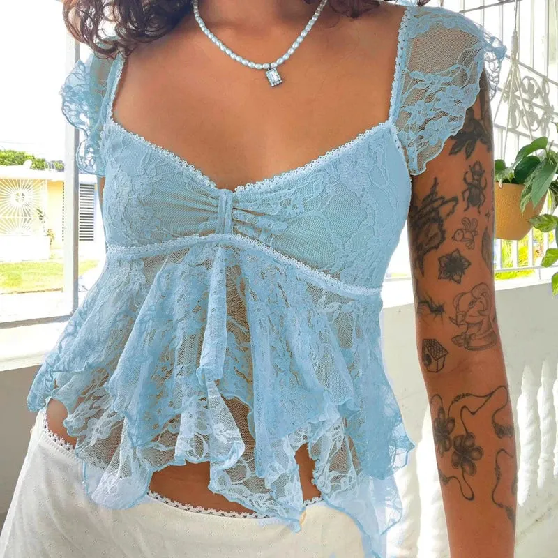 Vevesc Women' Coquette Vest Cute Lace Sheer Babydoll Tops Vintage Square Collar Irregular Hem Tank Tops Y2k Aesthetic Fiary Crop Tops
