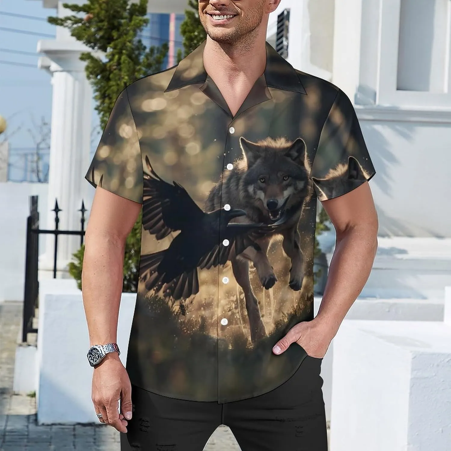 Wolf Wildlife Prints Men's Hawaiian Shirt Cuban Collar Shirt Short Sleeve Button Down Tops Beach T Shirts