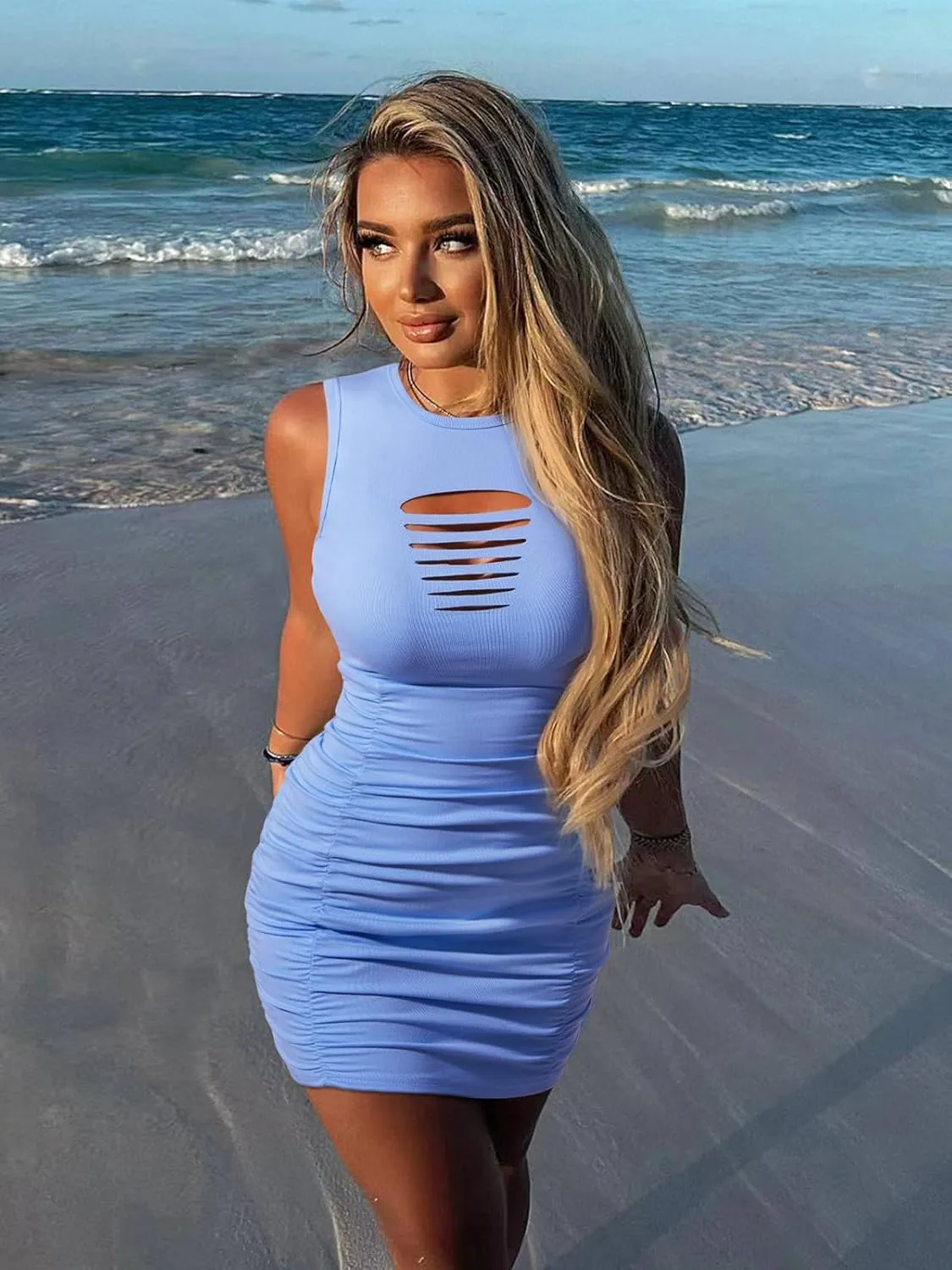 Women 2025 Sexy Summer Bodycon Ruched Party Club Mini Dress Sleeveless Cutout Tight Date Night Tank Short Dresses