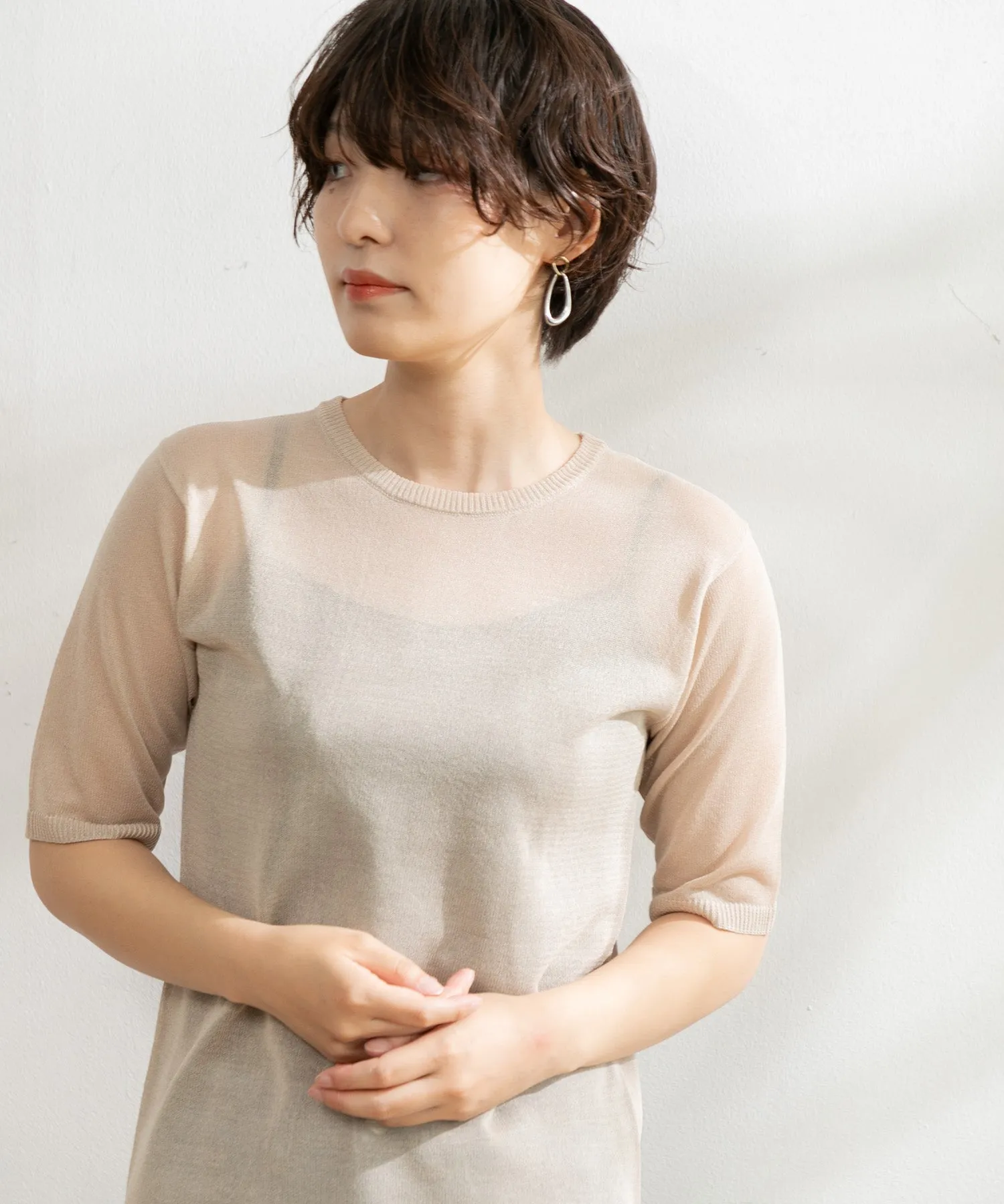 【WOMEN】ARCシアー5分袖ニットプルオーバー