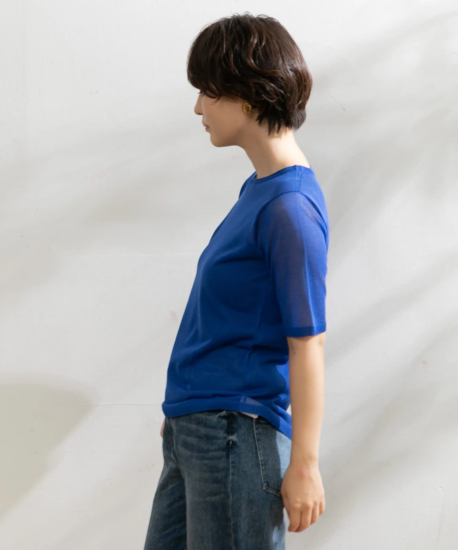 【WOMEN】ARCシアー5分袖ニットプルオーバー