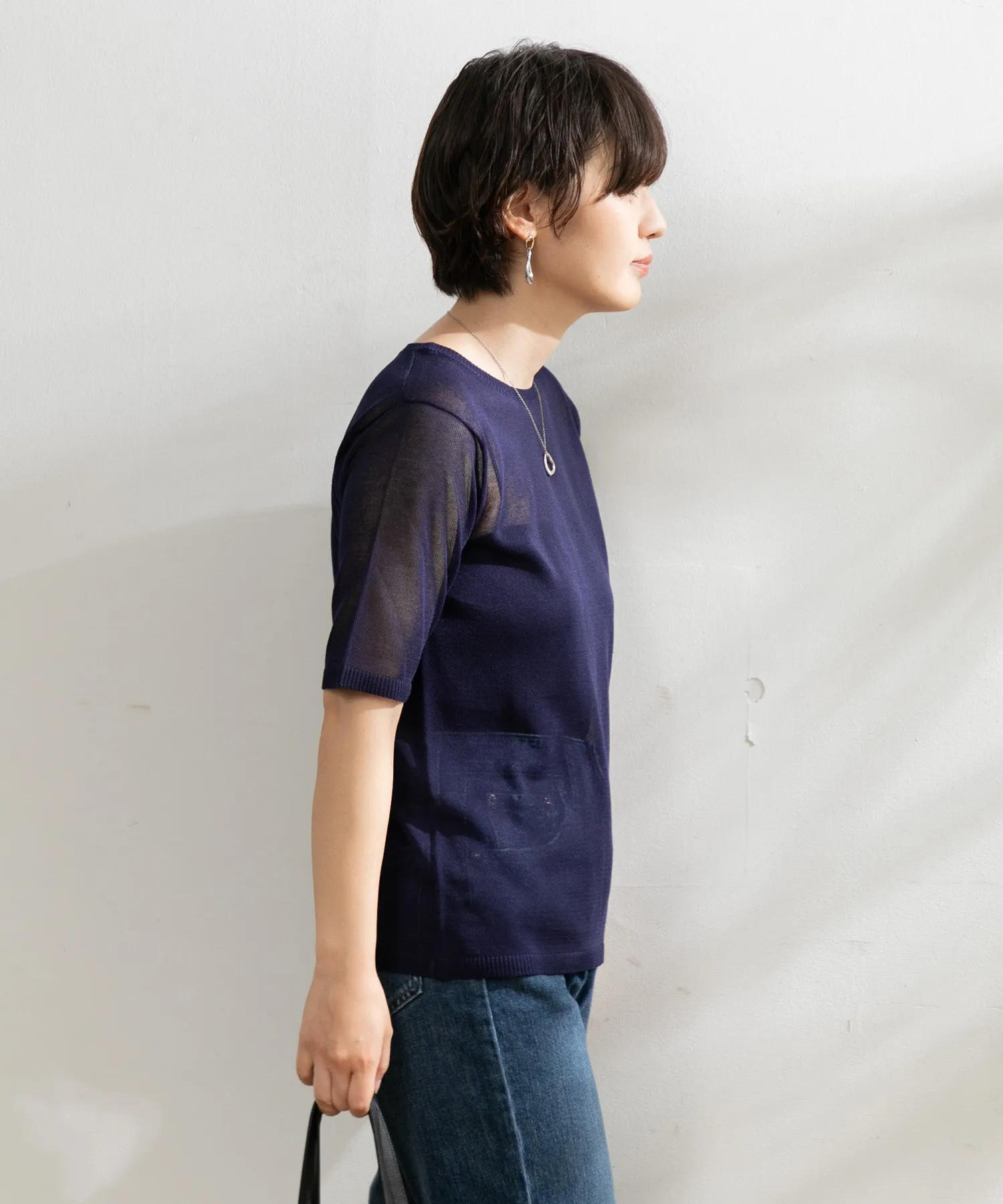 【WOMEN】ARCシアー5分袖ニットプルオーバー