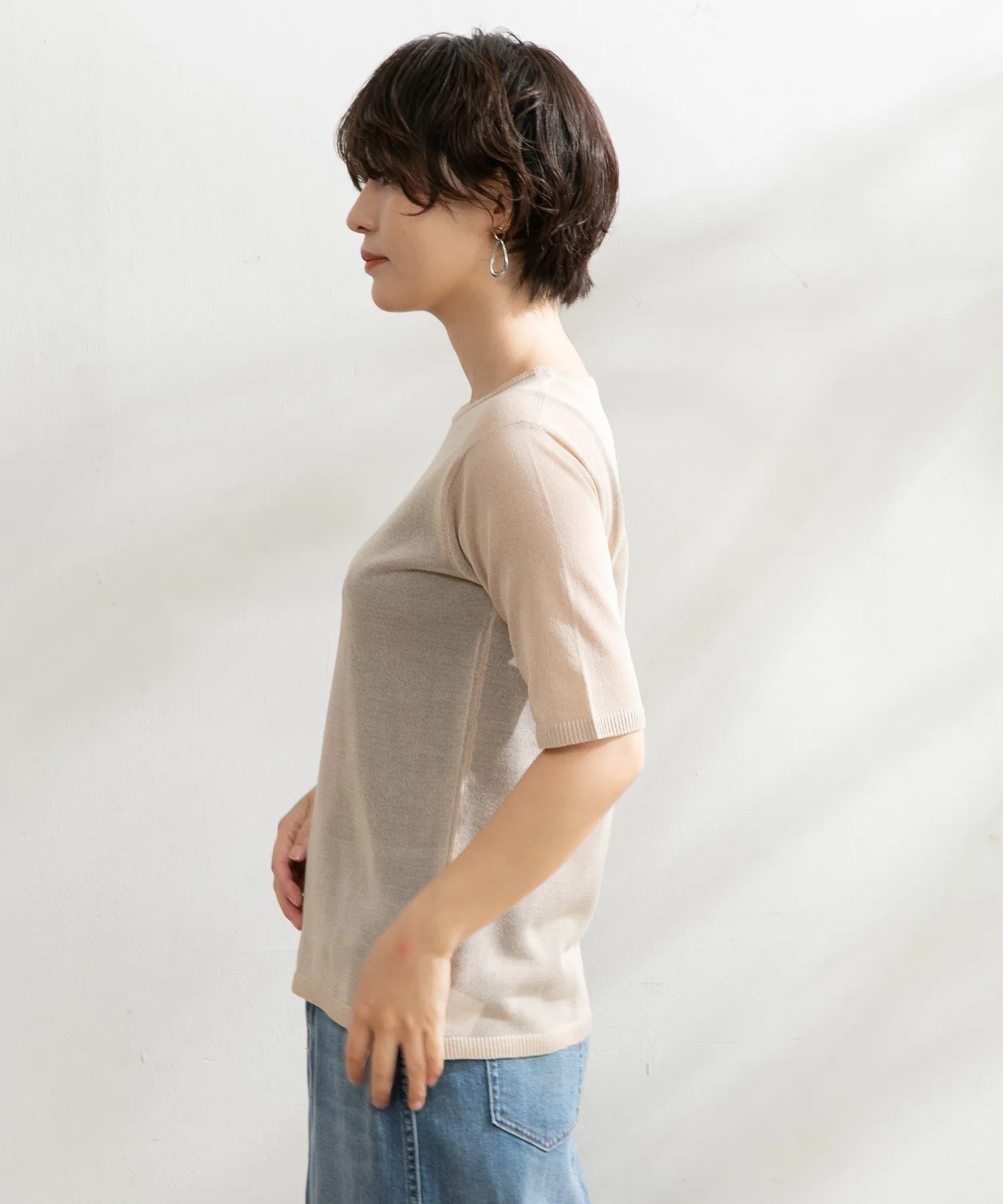 【WOMEN】ARCシアー5分袖ニットプルオーバー