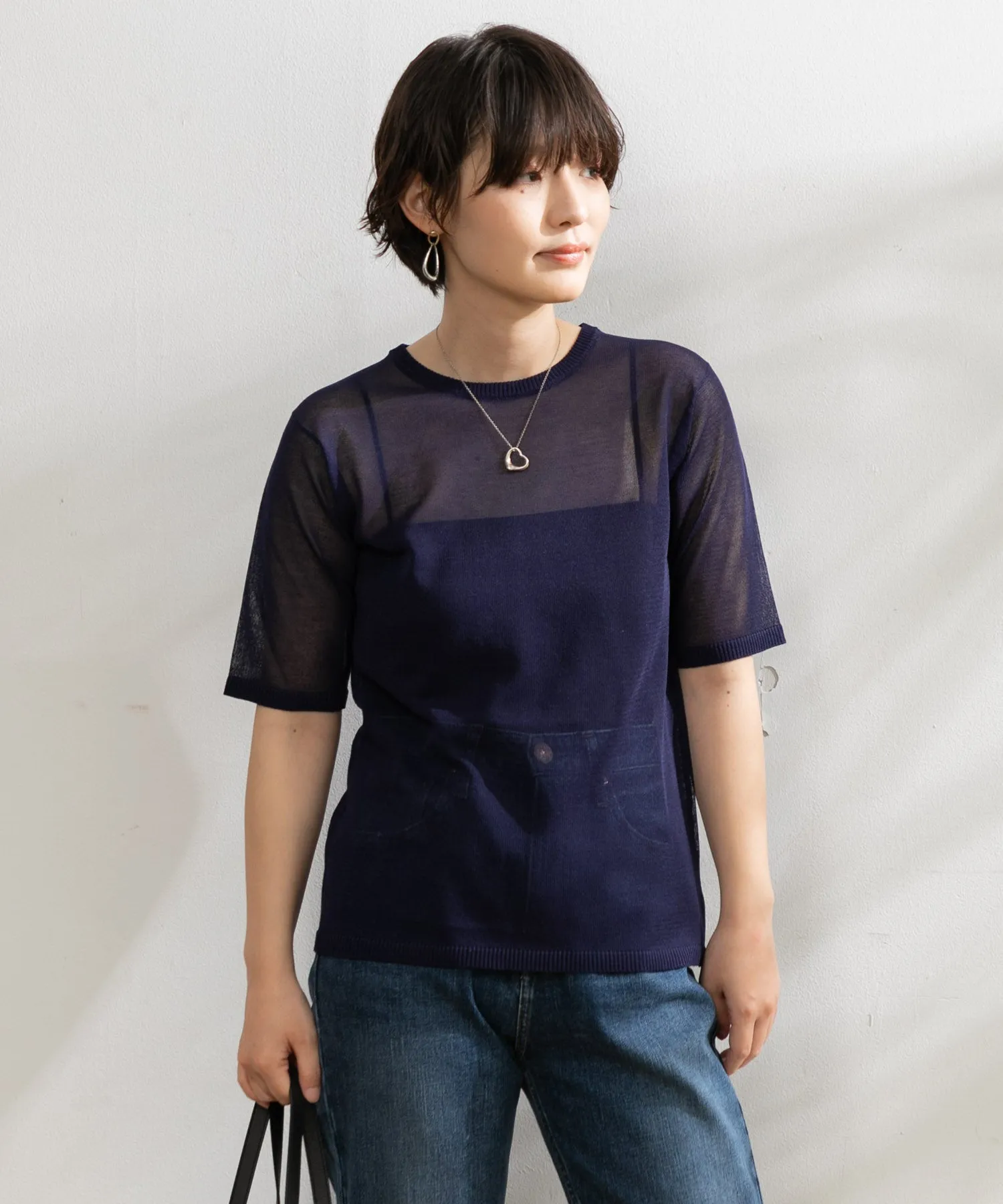 【WOMEN】ARCシアー5分袖ニットプルオーバー