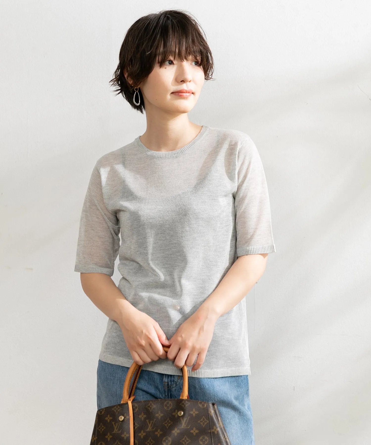 【WOMEN】ARCシアー5分袖ニットプルオーバー