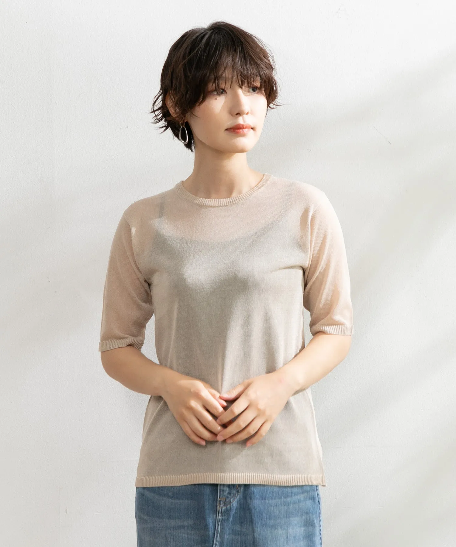 【WOMEN】ARCシアー5分袖ニットプルオーバー