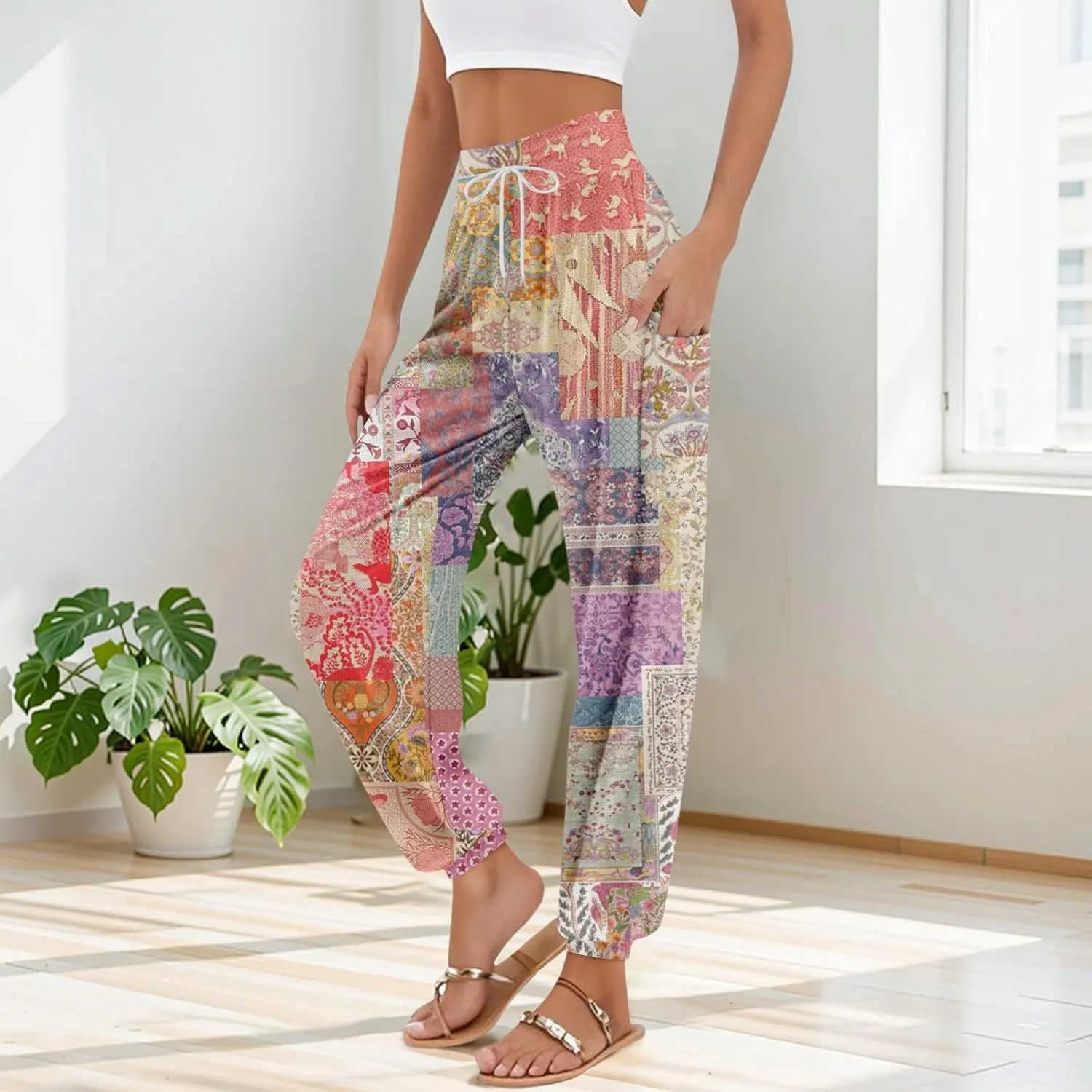 Women's Capri Pants Drawstring Lounge Summer Pants Wide Leg Plaid Trousers High Waisted with Pocket Baggy Outfit