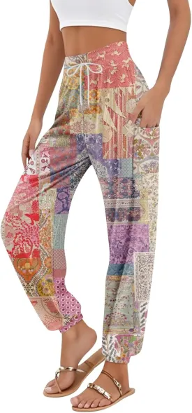 Women's Capri Pants Drawstring Lounge Summer Pants Wide Leg Plaid Trousers High Waisted with Pocket Baggy Outfit