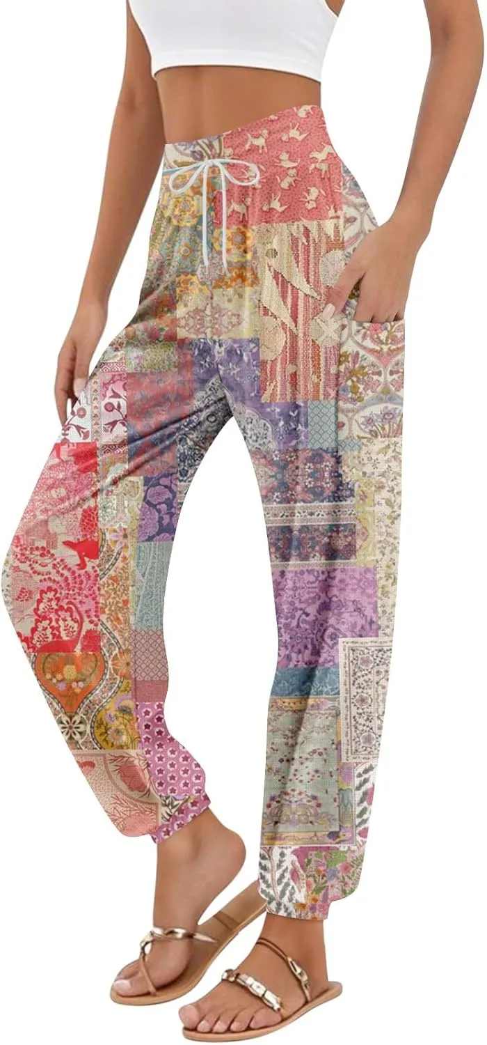 Women's Capri Pants Drawstring Lounge Summer Pants Wide Leg Plaid Trousers High Waisted with Pocket Baggy Outfit