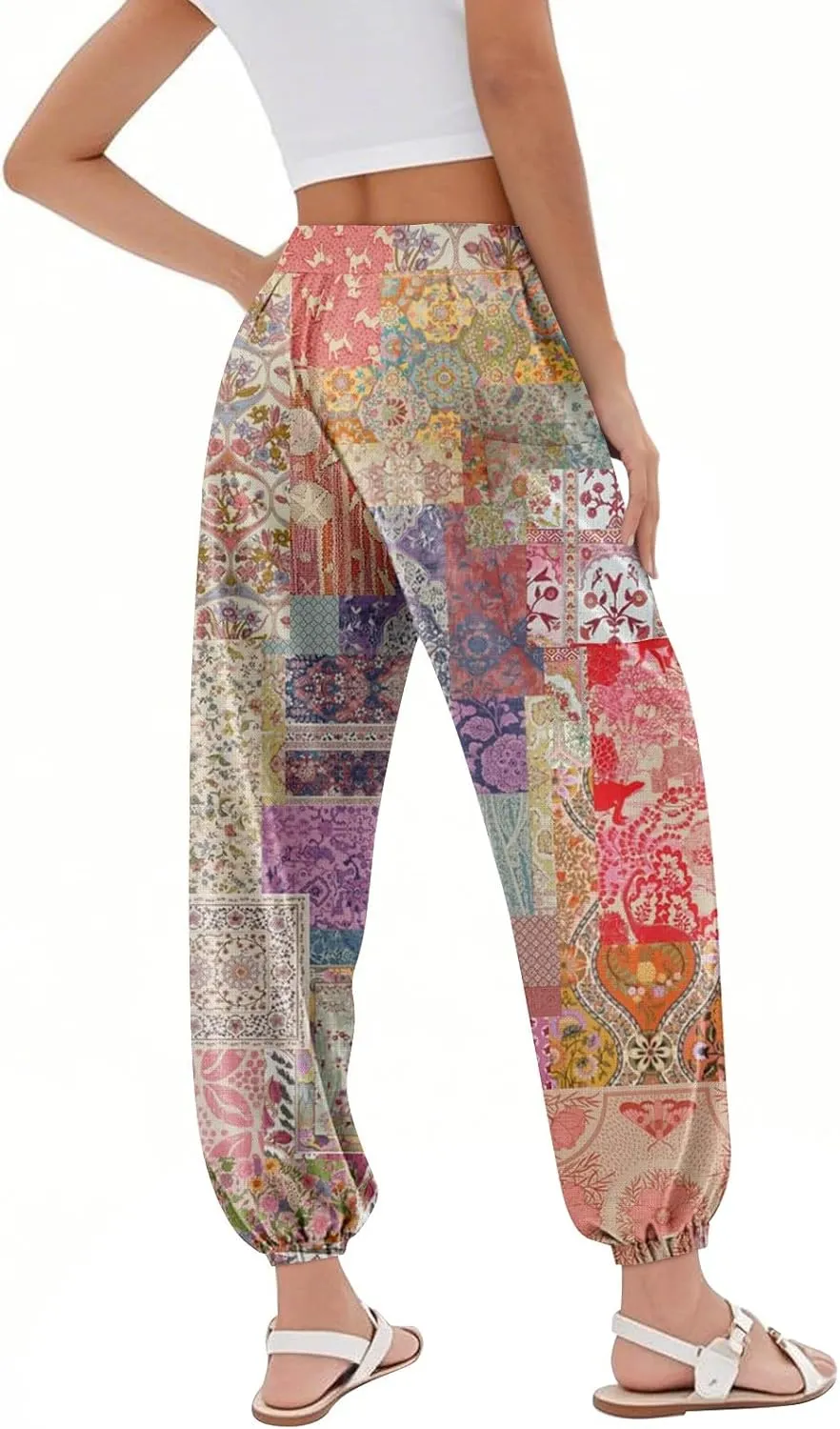 Women's Capri Pants Drawstring Lounge Summer Pants Wide Leg Plaid Trousers High Waisted with Pocket Baggy Outfit