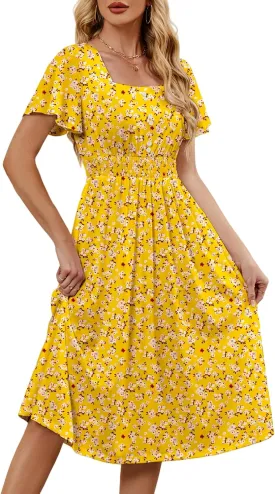 Womens Casual Floral Spring Dresses with Pockets Square Neck Knee Length Milkmaid Summer Sundresses for Women 2025