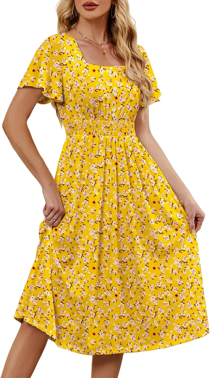 Womens Casual Floral Spring Dresses with Pockets Square Neck Knee Length Milkmaid Summer Sundresses for Women 2025