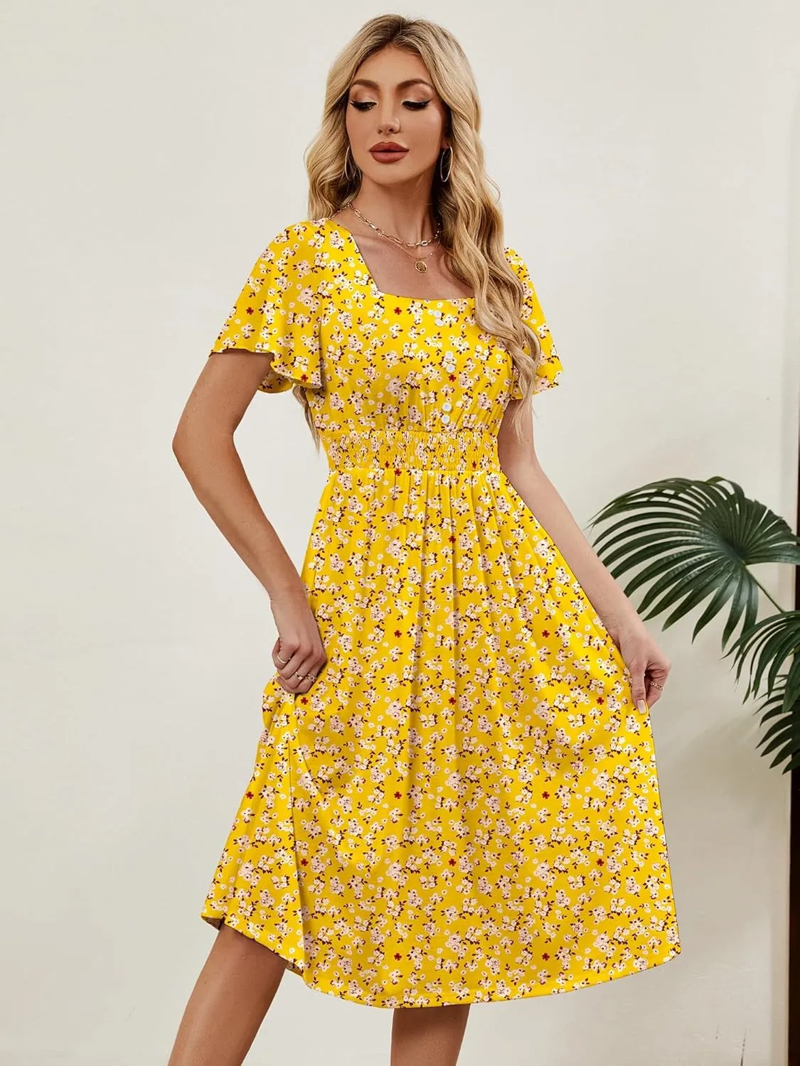 Womens Casual Floral Spring Dresses with Pockets Square Neck Knee Length Milkmaid Summer Sundresses for Women 2025