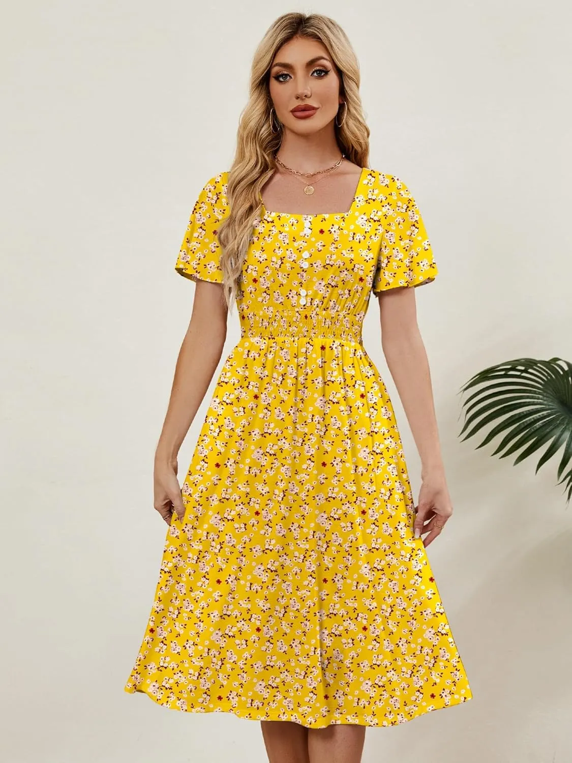Womens Casual Floral Spring Dresses with Pockets Square Neck Knee Length Milkmaid Summer Sundresses for Women 2025