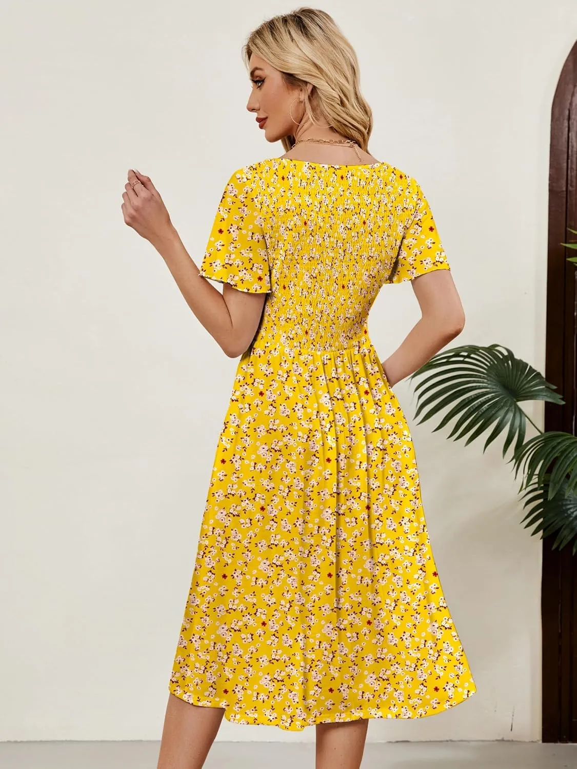 Womens Casual Floral Spring Dresses with Pockets Square Neck Knee Length Milkmaid Summer Sundresses for Women 2025