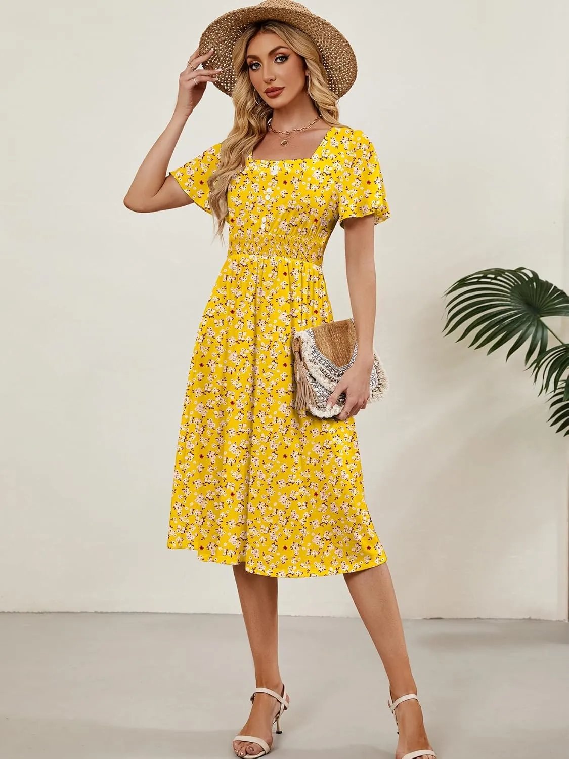 Womens Casual Floral Spring Dresses with Pockets Square Neck Knee Length Milkmaid Summer Sundresses for Women 2025