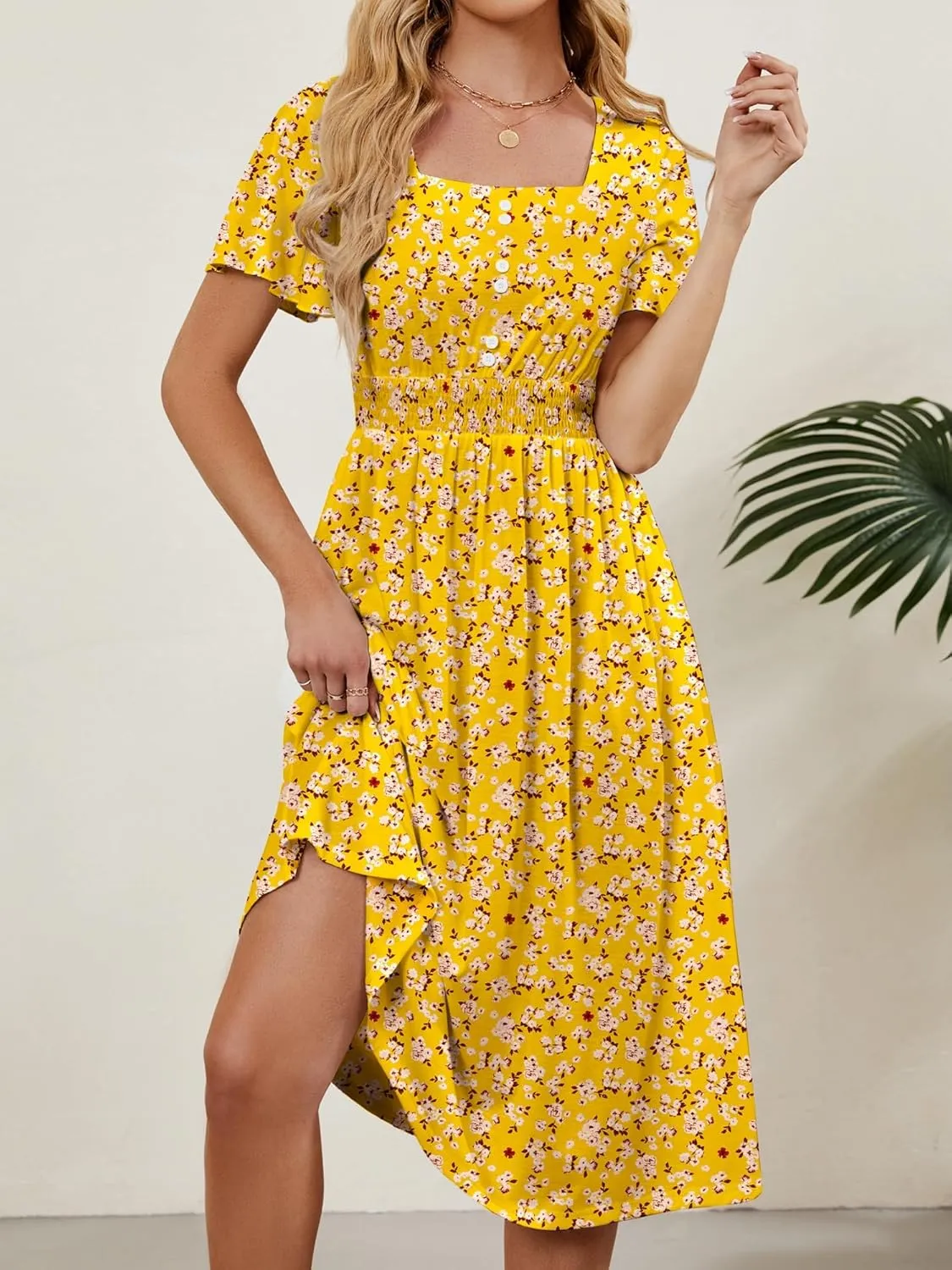 Womens Casual Floral Spring Dresses with Pockets Square Neck Knee Length Milkmaid Summer Sundresses for Women 2025