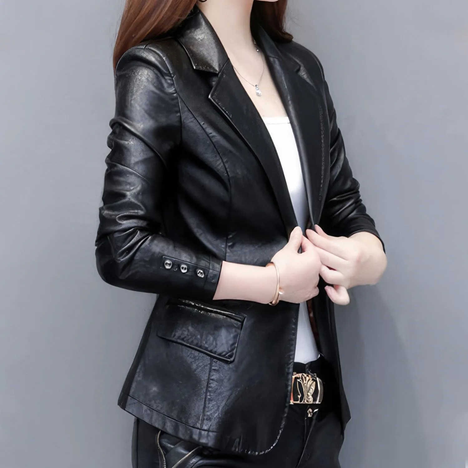Women's Genuine Lambskin Leather Blazer With Lapel Collar