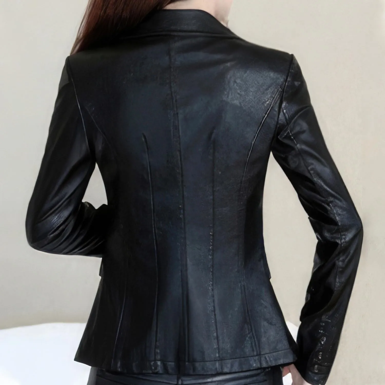 Women's Genuine Lambskin Leather Blazer With Lapel Collar