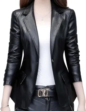 Women's Genuine Lambskin Leather Blazer With Lapel Collar