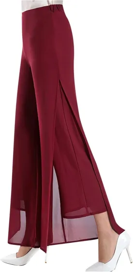 Women's Lightweight Chiffon Flowy Wide Leg Dress Pants High Elastic Waisted Trousers Flared Business Casual Pants