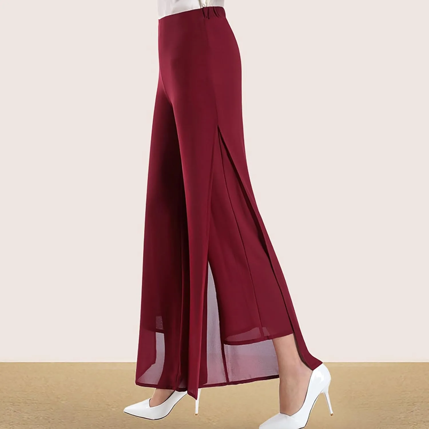 Women's Lightweight Chiffon Flowy Wide Leg Dress Pants High Elastic Waisted Trousers Flared Business Casual Pants