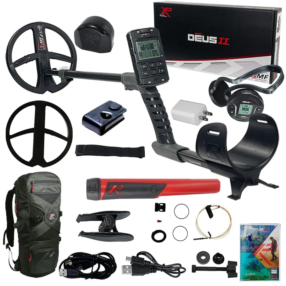 XP DEUS II FMF Metal Detector with 9″ FMF Search Coil, Remote, WS6 Headphones, FREE MI-6 Pinpointer AND Backpack 240